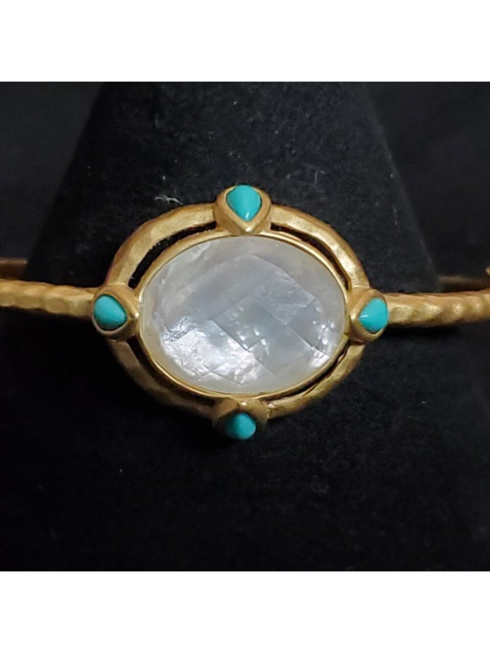 Kiam Family Bangle Bracelet Matte Gold Tone Faceted Clear White Glass 7"
